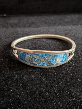 Silver Blue Enamel Abalone Floral Bangle Bracelet Mexico Small